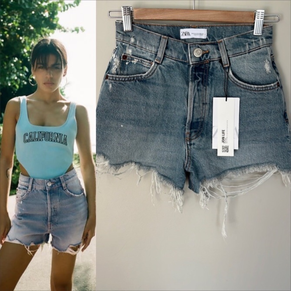 Zara High Rise Bleach Spots Jean Shorts
